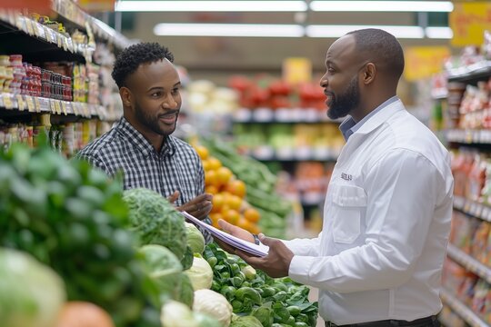A man in a plaid shirt talks to a grocery store employee in the produce section