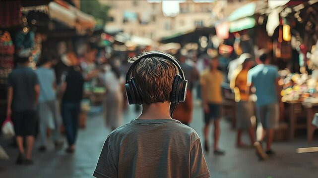 Boy on the autism spectrum wearing noise cancelling headphones from the back in a big crowd