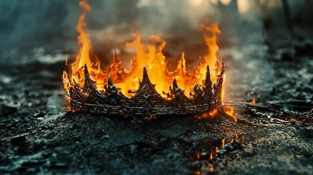 A crown sits engulfed in flames on a bed of ash and embers