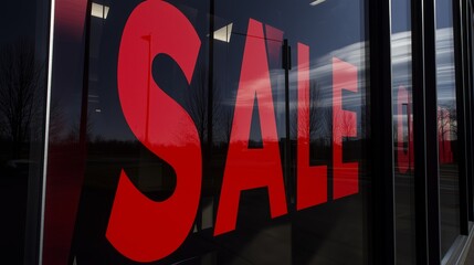 Bold red SALE sign on a storefront glass window, reflecting trees and buildings from outside
