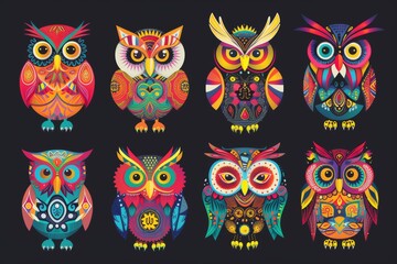 Naklejka premium Owl heads with bright tribal decorations arranged in a pattern.