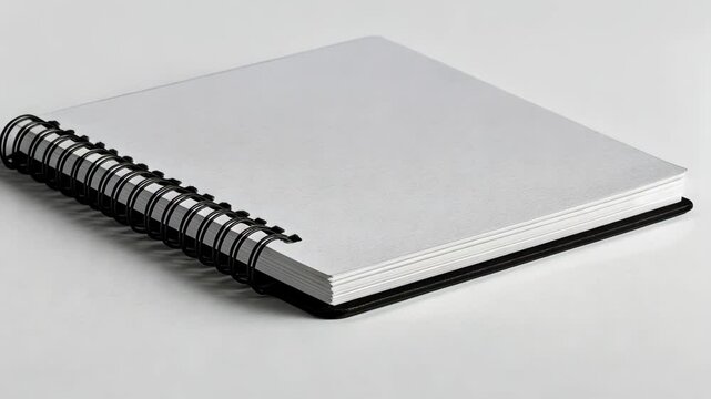 A blank, white spiral bound notebook sits closed on a table