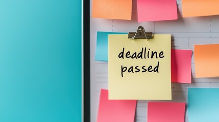 Colorful sticky notes on a wall, with one note highlighting 'deadline passed,' symbolizing missed timelines and procrastination.