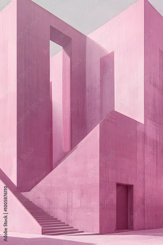 Poster pastel toned minimalist distillery featuring sharp angular lines abstract architectural structures a
