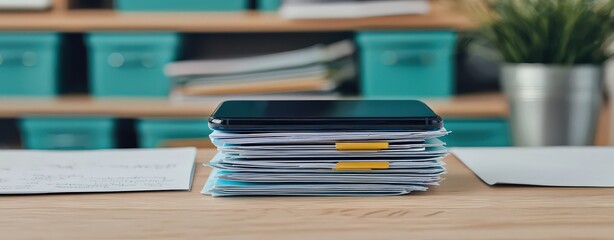 Stack of documents and a smartphone on a wooden desk in an office setting, with teal storage boxes and a potted plant in the background.