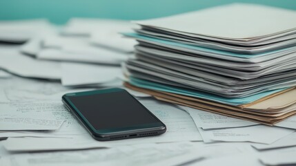 A smartphone placed beside a tall stack of documents on a cluttered desk, symbolizing work, paperwork, and productivity.