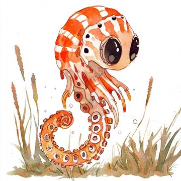 recommend clip art: Cute Cartoon Octopus with Large Eyes and Orange Stripes
