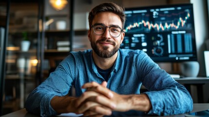 Obraz premium Portrait of a financial specialist presenting investment strategies to clients, using charts and graphs to explain, professional meeting room