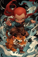 Young Warrior Riding a Tiger Through Waves