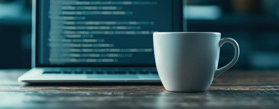 A white coffee cup on a desk with a laptop in the background displaying code. Ideal for a workplace or programming theme.