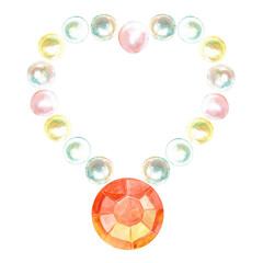 Necklace of half-sphere faceted gem with pearls hand-painted in watercolor. Precious faceted shine stone in the round shape in orange color. Illustration drawn of mother-of-pearl sea pearls and orange