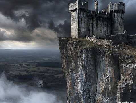Majestic fortified castle standing tall on a rugged cliff its weathered stone walls and battlements overlooking a vast dramatic landscape with moody theatrical lighting that evokes a powerful