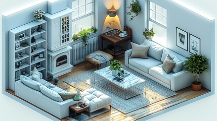 A white cabin, living room, bedroom, kitchen, isometric view, 3D.