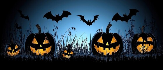 Fototapeta premium Spooky jack-o-lanterns with glowing eyes and a mischievous grin, surrounded by bats in a dark and mysterious forest.