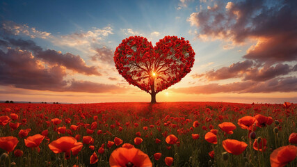 A sunset with a heart-shaped tree made of red flowers in a poppy field under a cloudy sky.