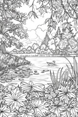 Fototapeta premium Coloring book illustration of a serene autumn landscape featuring a tranquil pond surrounded by colorful foliage Scenic park in fall showcasing picturesque trees and a peaceful lake