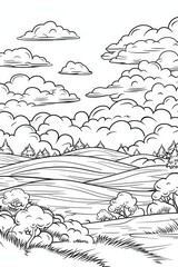 Coloring book illustration of a winter landscape featuring clouds and a sea of fog highlighting nature conservation and outdoor beauty