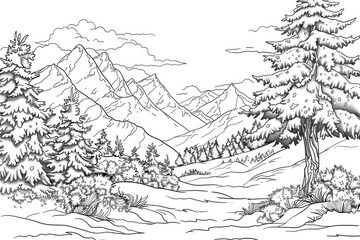 Fototapeta premium Coloring book illustration of a snowy winter mountain landscape