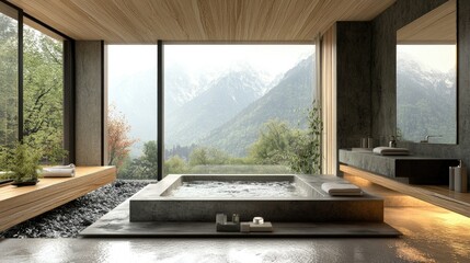 Elegant bathroom 3D render with a central tub, panoramic windows, and a blend of raw concrete and wood materials.