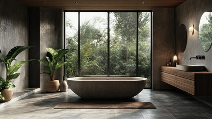 Fototapeta premium Elegant bathroom 3D render with a central tub, panoramic windows, and a blend of raw concrete and wood materials.
