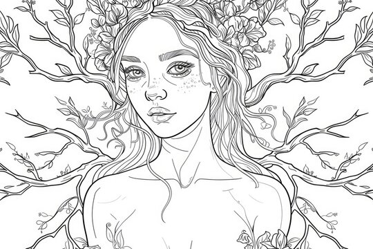 Coloring book illustration of a young woman with a serene expression embodying a dryad spirit with an elegant bare back
