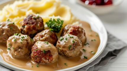 Fototapeta premium Swedish meatballs with creamy gravy mashed potatoes and lingonberry sauce