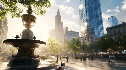 Fototapeta premium Ornate Historic Fountain Juxtaposed with Modern Glass High Rise in Vibrant City Square Warm Afternoon Sunlight Illuminates the Contrasting Architectural Styles in this Scene