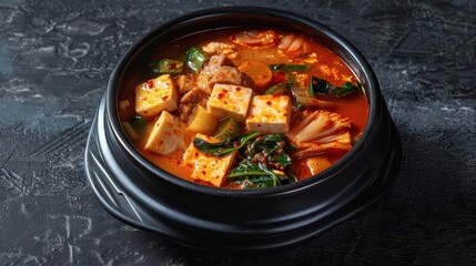 Korean kimchi stew with tofu vegetables pork in a bubbling spicy broth