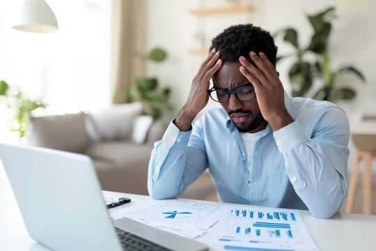 A stressed man with glasses is sitting at a desk, struggling with reports and data on his laptop, reflecting workplace pressure and frustration.