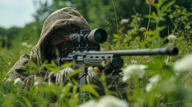 Camouflaged sniper hidden in tall grass, aiming through a rifle scope. The scene blends military precision with the natural environment, emphasizing stealth and focus.