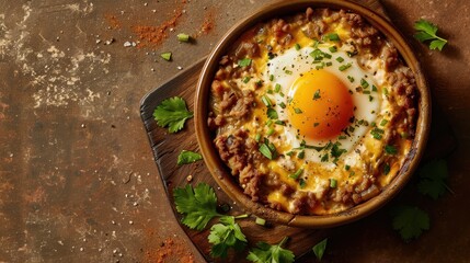 South African bobotie with egg topping and spiced meat on warm brown wallpaper