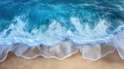 Obraz premium Mesmerizing ocean waves sandy shoreline aerial top view. Expanse ocean majestic waves sandy beach serene retreat Waves caress ocean edge beauty oceanic coast tranquility of coastal landscape.