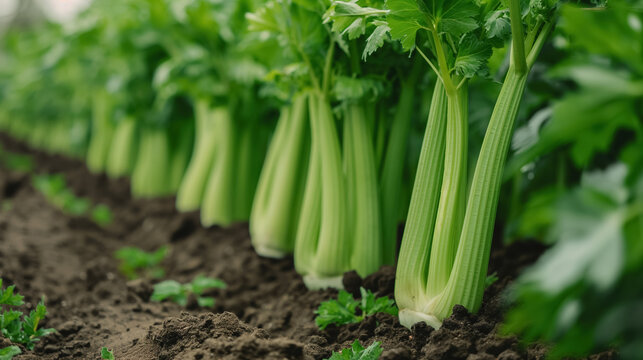 Fresh celery plants growing in neat rows in a well-maintained garden. The vibrant green stalks emerge from rich soil, creating a healthy and lush agricultural scene.