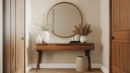 Entrance hallway with a warm wooden tone, featuring a modern console table, a mirror, and subtle decor, highlighting a cozy yet elegant style
