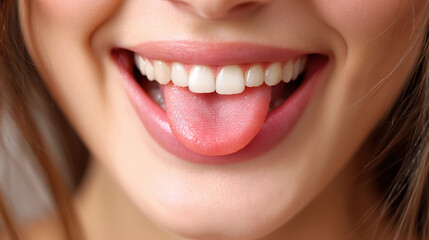 Obraz premium Close-up of a smiling woman’s mouth, highlighting her white teeth and playful tongue sticking out. The expression conveys playfulness, joy, and carefree happiness.