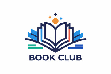 Abstract minimalist book club logo collection featuring open book and colorful elements