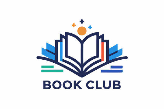 Abstract minimalist book club logo collection featuring open book and colorful elements