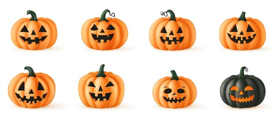 Set of 7 realistic jack-o-lantern pumpkins with different expressions, isolated on white background.