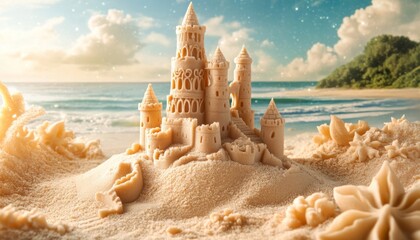 Fototapeta premium A magnificent sandcastle on a beach with a blue sky and ocean in the background.