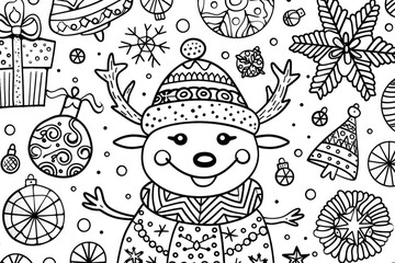 Coloring book illustration of a festive Tis the Season to be Jolly design featuring humorous holiday themes and winter motifs