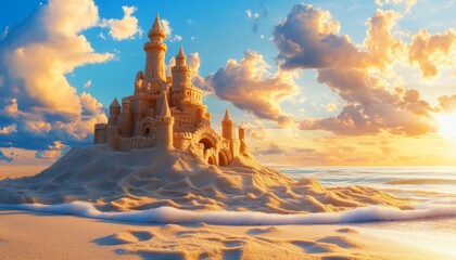 Naklejka premium A majestic sandcastle stands tall on a beach at sunset, with a foamy wave lapping at its base.
