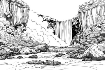 Coloring book illustration of a majestic waterfall cascading into a river with surrounding rocky landscapes