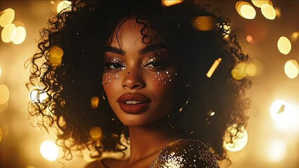 black woman with 80s inspired makeup and glitter disco outfit in a club