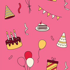 seamless birthday pattern. Cake, balloons, gifts, decorations. Pattern on wrapping paper