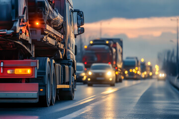 A truck is driving down a busy highway with many cars behind it. The scene is bustling and busy, with the truck being the main focus