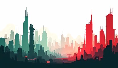 Obraz premium Illustration of a futuristic building shadow with a combination of green, red and black on a white background.