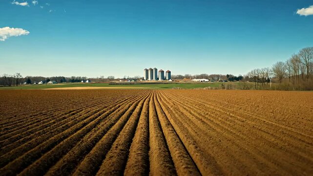 A plowed field with rows ready for planting, with a blue sky and grain silos in the distance
