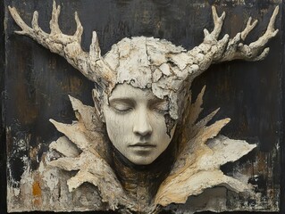 Detailed Wood Sculpture of a Human Face with Antlers