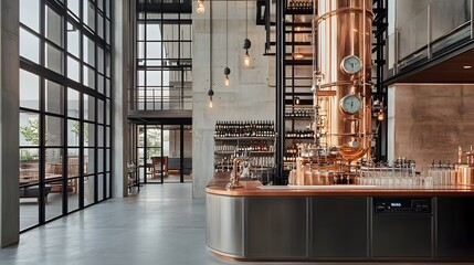 Pastel toned compact distillery with sleek and streamlined industrial design elegant copper plated accents intricate glass and stainless steel apparatus state of the art brewing equipment