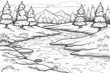 Fototapeta premium Coloring book illustration of a Frozen River with Ice and Snow